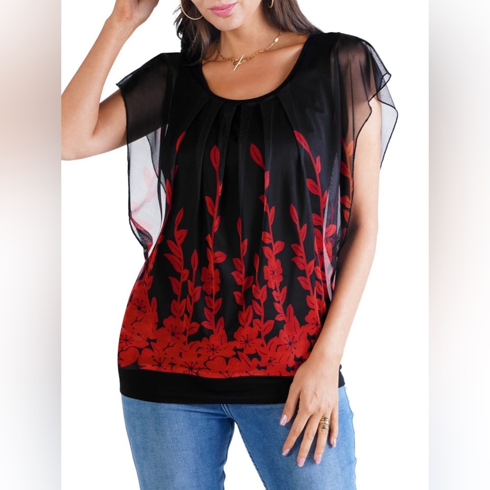 BAISHENGGT Red Floral Women's Printed Flared Short Sleeve Mesh Blouse Medium NWT